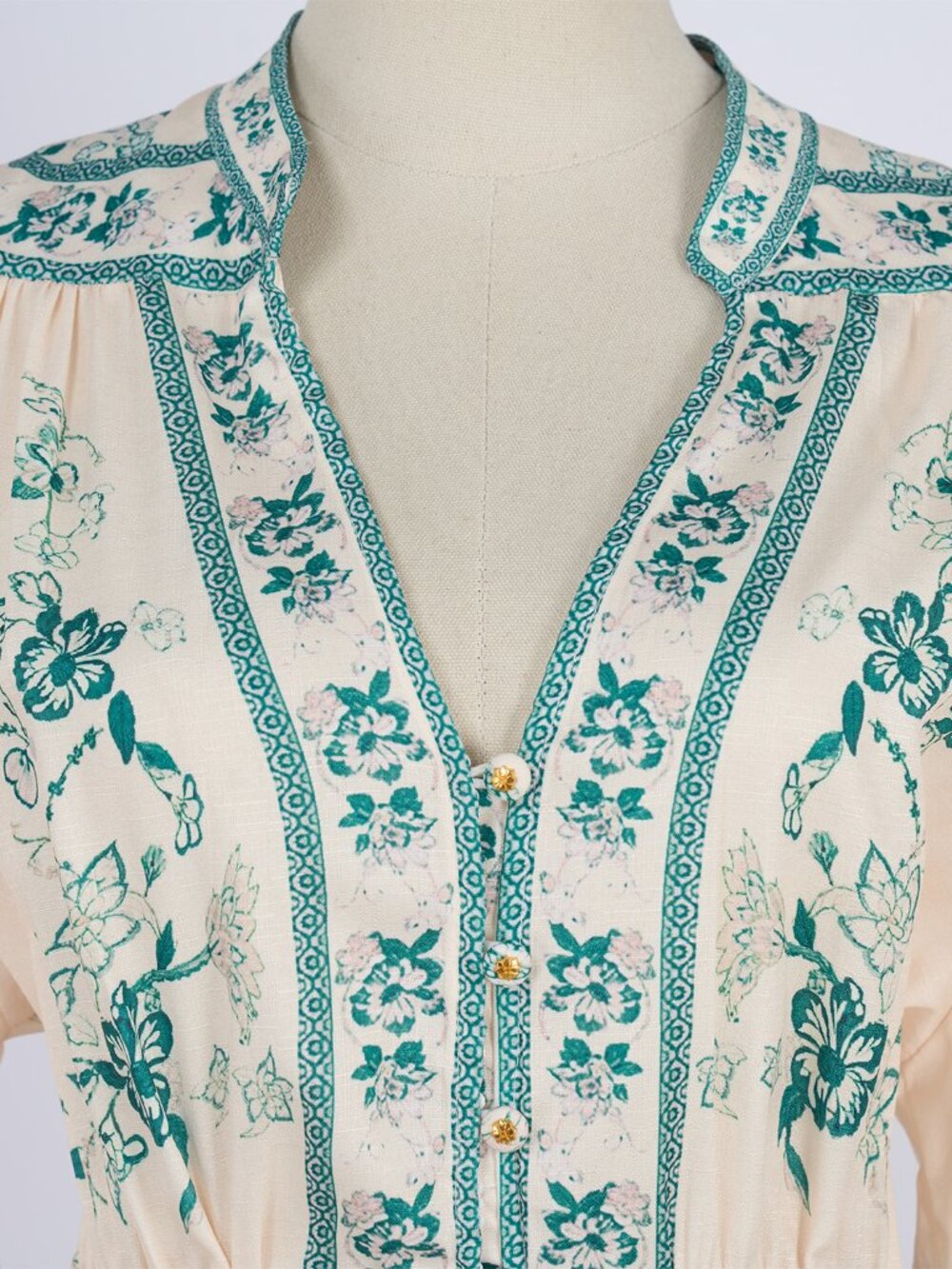 Vintage Cream & Teal Floral Bird Print Prairie Maxi Dress - Picture 8 of 14